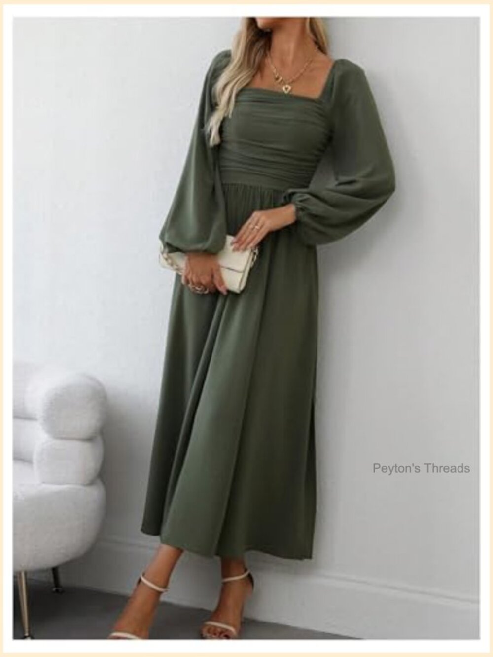Women's Square Neck Lantern Long Sleeve Ruched Midi Dress - Picture 3 of 6